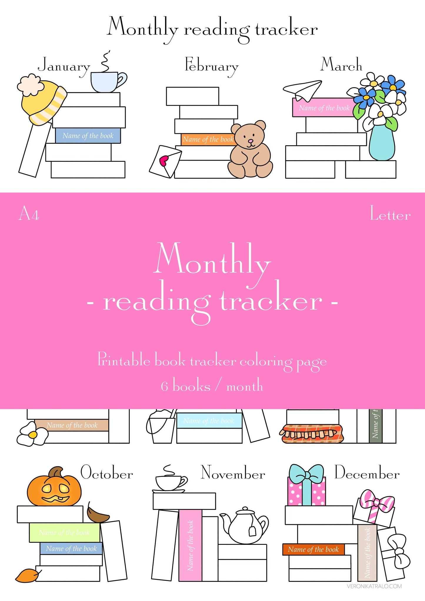 6 books/month • Monthly reading tracker | Printable book tracker coloring page • A4 + LETTER - amigoscanarios