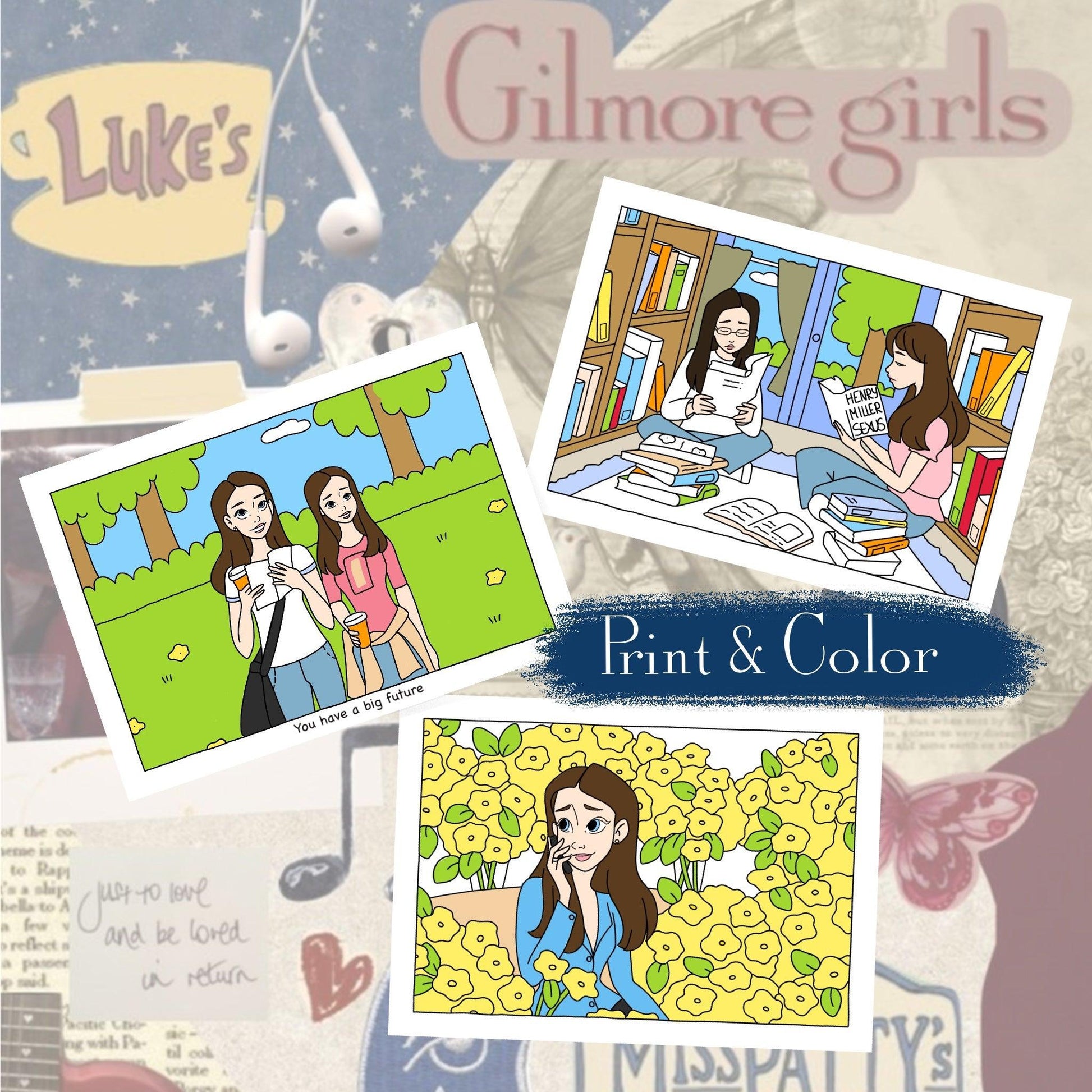 Digital download • Gilmore Girls spring coloring pages (Set of 3) 🌼☕️📚 - amigoscanarios