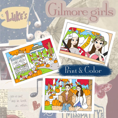 Digital download • Gilmore Girls autumn coloring pages (Set of 3) 🍂☕️📚 - amigoscanarios